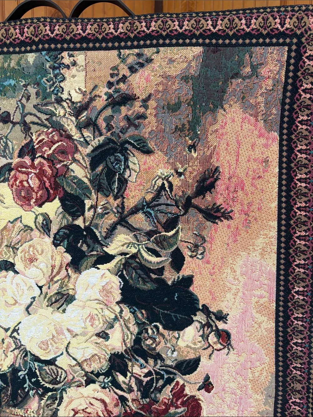 Vintage John Wainwright Bouquet & Sparrow Woven Floral Wall Tapestry 27x36